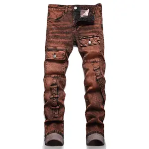 XIMXIMMTIAN Men's Jeans Designer Casual Street Tear Fashion Straight Slim Fit Moto Stretch Water Washed Retro Motorcycle Biker Denim Pants Menswear Classic 5 Pocket Style