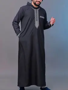 Men's Ethnic Pattern Embroidery Zipper Hooded Robe, Traditional Long Sleeve Pocket Jubba Thobe for Daily Wear, Men's Islamic Clothing for All Seasons