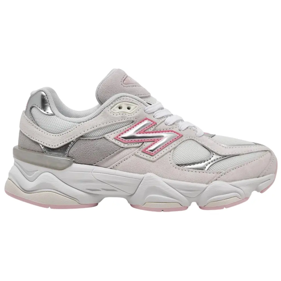 New Balance 9060 Chunky Trainers, Unisex Streetwear-Inspired Athletic Walking Shoes - Pink Metallic Grey & White Silver, Sports Shoes, Runner, Fabric, Retro Style, 90S Look, Casual Wear, Chunky Sneaker, Metallic Accents