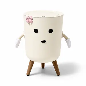 CM Rabbit  Cute Cartoon Press Top Trash Bin with Wooden Tripod Legs, Lidded Odor Proof Waste Bin with Liner Retaining Ring, Kawaii Decorative Garbage Bin for Bedroom Bathroom Dorm Small Apartment