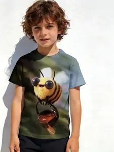 Boys' Round Neck Short Sleeve T-Shirt sports leisure Bee With Glasses Holding Honey Pot 3D printing spring and summer digital lightweight play perfect gift clothing football jersey