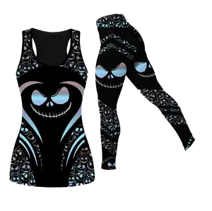 Blue Faces Halloween Nightmare Women Combo Tank Top Legging Set, Outfit All Over Print