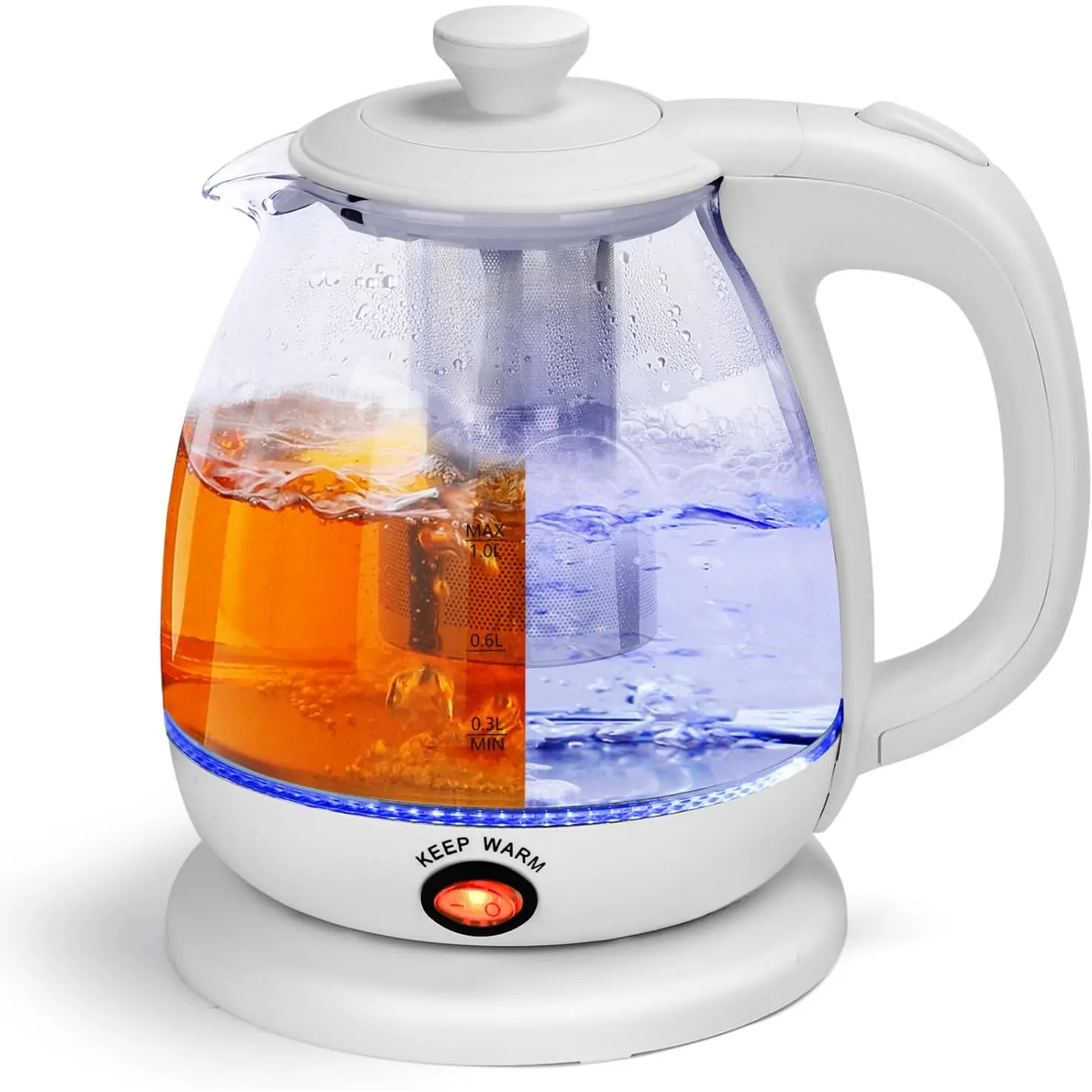 1L White Electric Kettle with Infuser for Family Kitchens, Keep Warm, LED Light, Auto Shut-Off, Boil Dry Protection, Synthetic Build, Manufacturer Warranty, Customer Service Support, Hot Water Boiler for Coffee