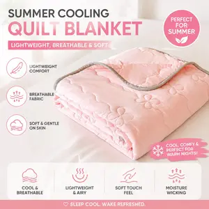 1 x Pink Cooling Silk, Floral Print Summer Quilt – Thickened, air-conditioning-style cooling effect, Machine washable, designed for summer use, available in multiple sizes, Breathable Summer Quilt