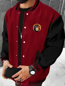 Men's Casual Sports Jacket, Slight Stretch Regular Fit, Baseball Collar Cartoon Gorilla Print, Button Closure, All Season Wearable Coat