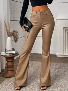 Women's Coated Flare Leg Pants, Womenswear, Elastic Woven Fabric, Spring 2026 New Arrival, Slim Fitted Fashion, Suitable for All Seasons