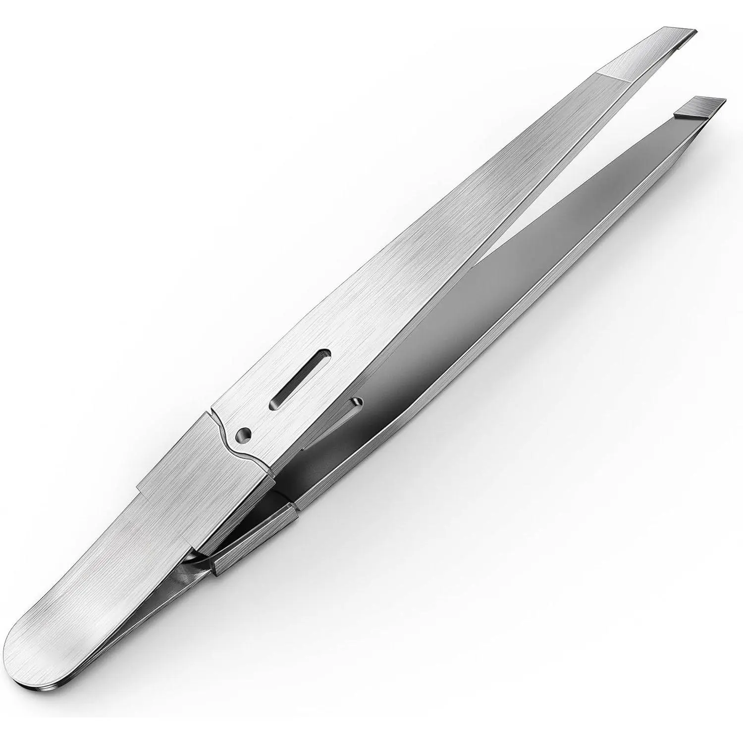 Stainless Steel Industrial Tweezers - Portable Cosmetic Hand Tool with Handle, Slant Tip, Compact, Lightweight, Gentle Grasp, Long Lasting, Professional Precision for Facial Hair Grooming, Easy to Clean After Use