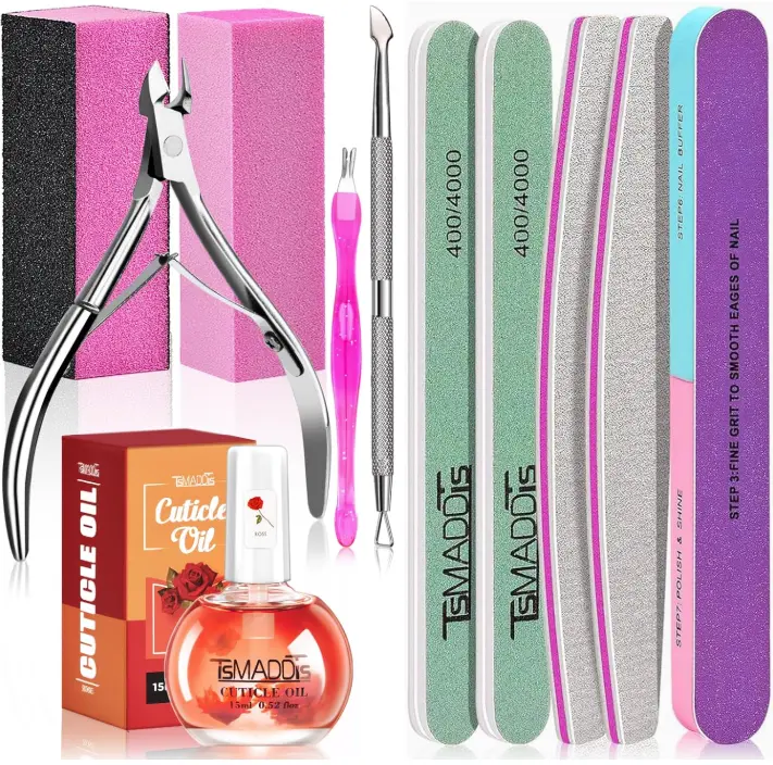 TsMADDTs Manicure Tools Kit Nail Care Kit with 3 pcs Files, 2 pcs Buffer Blocks, 2 Polishing Buffers, Cuticle Nipper, Pusher and Cuticle Oil