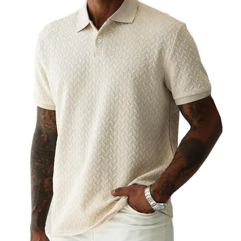 Men's Stylish Fitted Classic Jacquard Long Sleeve Polo Top - Premium Textured Woven Fabric with Jacquard Texture, Biker Menswear, Pairable with Shorts & Jeans, Beige Casual Spring & Autumn Daily Wear, Tropical Vibe, Size M