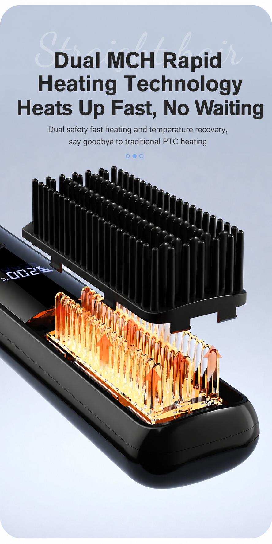 Lightweight Hair Straightener Brush with MCH Rapid Heating, 3 Temp Levels & Cool Air Styling, Fast Charging Travel Ready Hair Tools with Digital Display, Adjustable, Cordless, Anti-Frizz, Dual Voltage, Smooth, Straightening Curly Hair