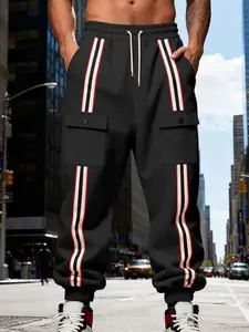 Men's Striped Cargo Jogger Pants, Casual Drawstring Waist Sweatpants, Flap Pockets, Streetwear Track Pants for Men, Comfortable and Stylish