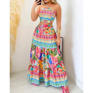 Women's Two Piece Set Summer Vacation Fashion Vintage Tropical Print Halter Sleeveless Crop Top and High Waist Maxi Skirt Set