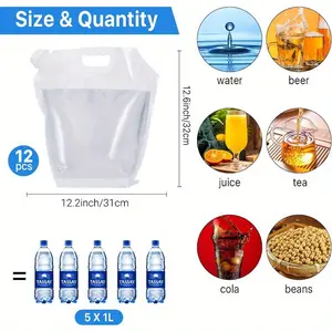 Set of 12 BPA Free Food Grade Clear Plastic Storage Jug, Collapsible Water Container Bag, No-Leak, Freezable, Odorless, Flat Folding, for Sports Outdoors Camping Hiking Backpack 1.3 Gallon