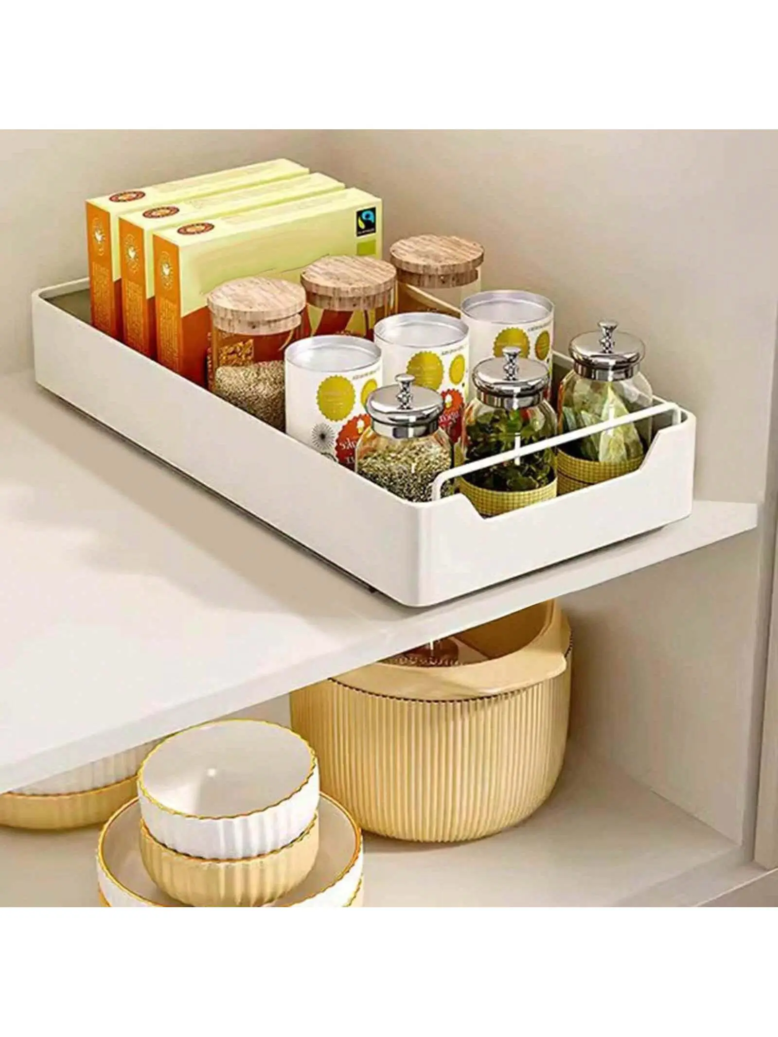 Gaomon Heavy-Duty Smooth-Sliding Cabinet Organizer, 20cm Adjustable Drawer Shelf with Damped Slides, Easy-Install Nylon Adhesive Rack for Kitchen Baking Utensils, Bathroom (Installation-Ready Home Organizer)
