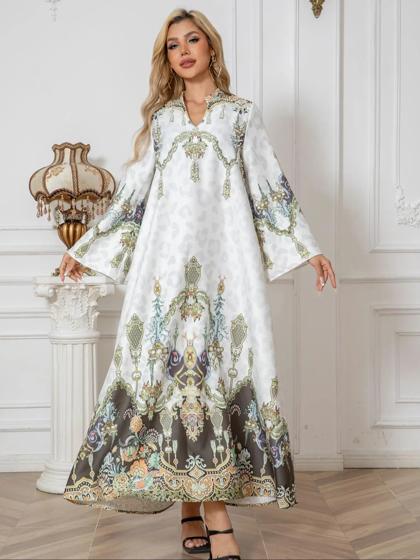 Elegant Women's V Neck Long Dress, Ethnic Print, Soft Stretch Fabric, Rhinestone Embroidery, All Seasons Jalabiya Style