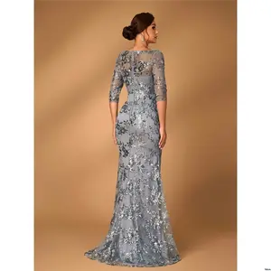 Bride Mother Formal Weddings For Dress Mermaid Midi V Gray Luxury s Serin Women Elegant Sparkling Fabric - Neck Hem Suitable Events Parties Of The Dresses Evening