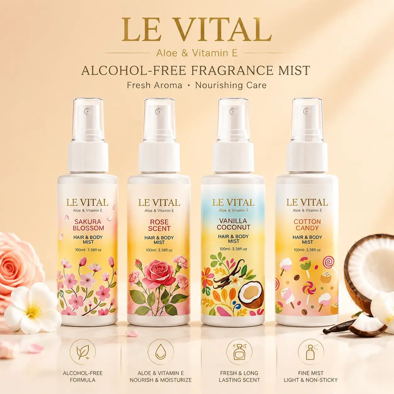 LE VITAL Alcohol-Free Hair Perfume & Body Mist (Choice of 4 Scents) – Vanilla Coconut, Rose Scent, Sakura & Cotton Candy Fragrance Spray (100ml/3.38 fl oz), Gentle Hydrating Daily Hair Spray & Body Splash, Ideal Gift for Her