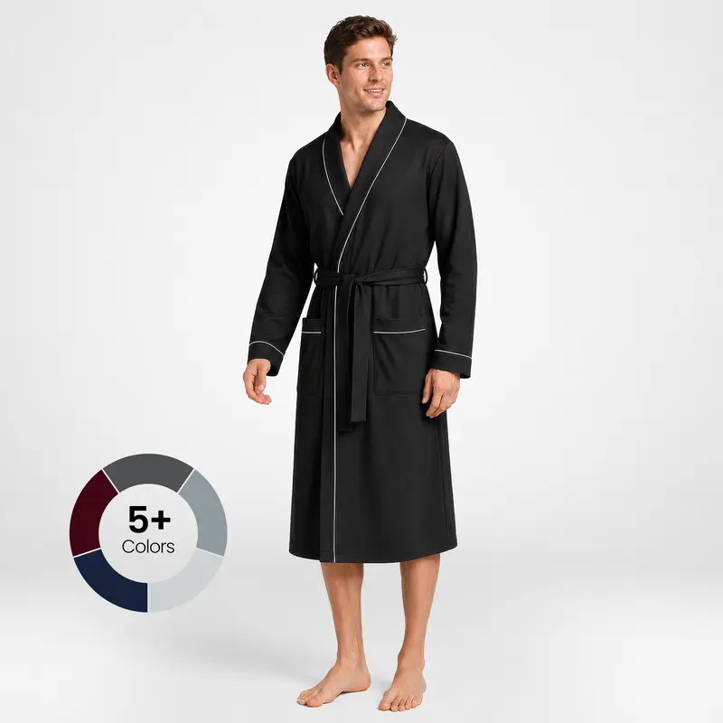 NY Threads Knit Robe Men - Knee Length V-Neck Cotton Blend Kimono Robe with White Piping for Lounging, Beach and Poolside, Lightweight All-Season Bathrobe with Adjustable Belt and 2 Deep Pockets