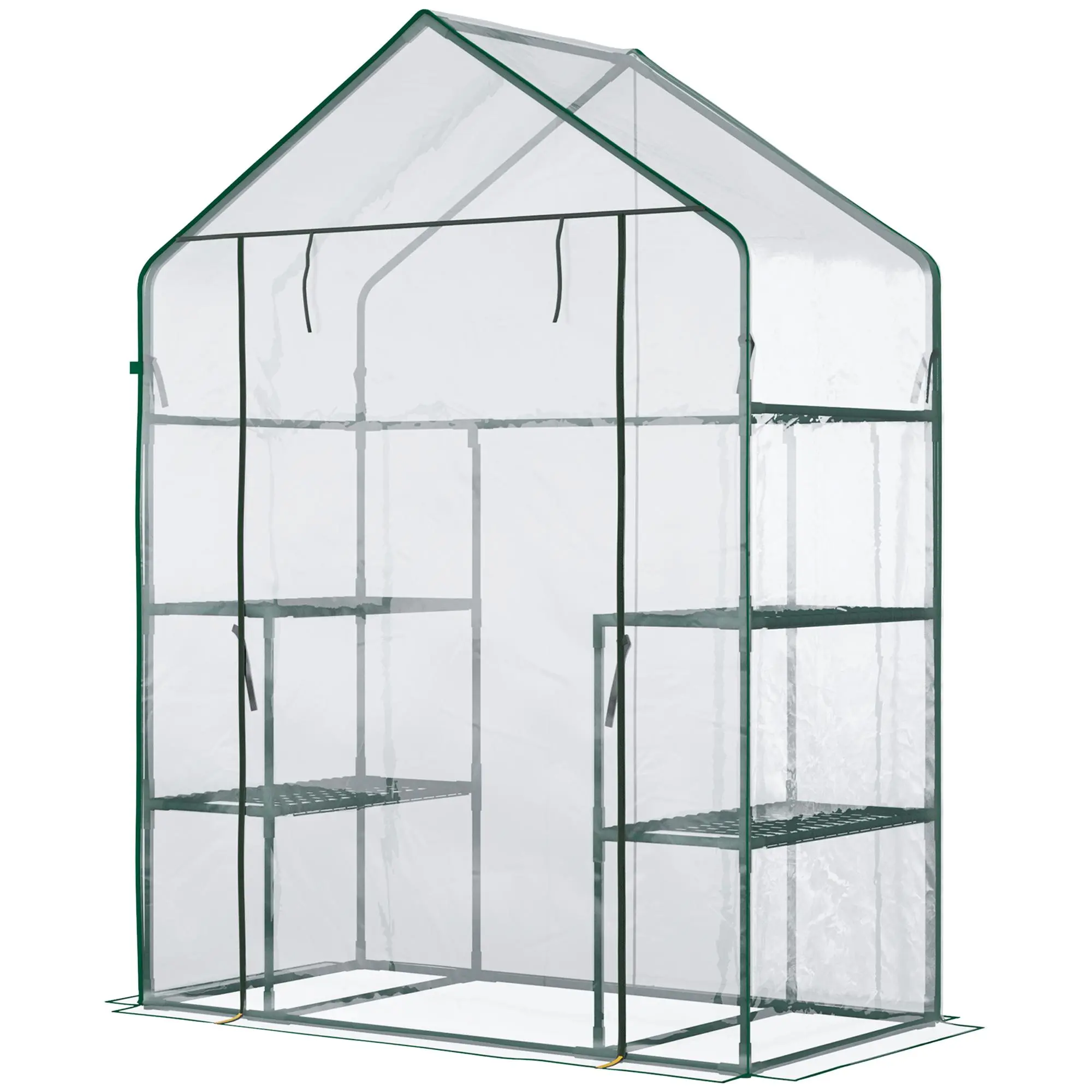 Clear walk in mini greenhouse kit with three tier storage shelves roll up door for backyard garden seedling and flower growing