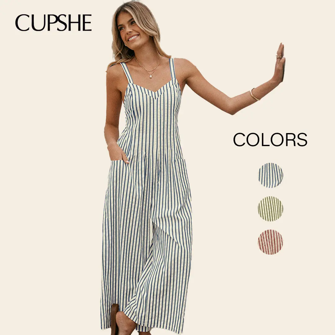 Cupshe Women's Striped V-Neck Wide Leg Jumpsuit, Sleeveless Woven Polyester-Rayon Full Length Overalls for Casual Beach & Vacation Wear, Sleeveless Strap Overalls, Stripes, Wide Legs, One-Piece Coveralls Jumpsuits & Rompers