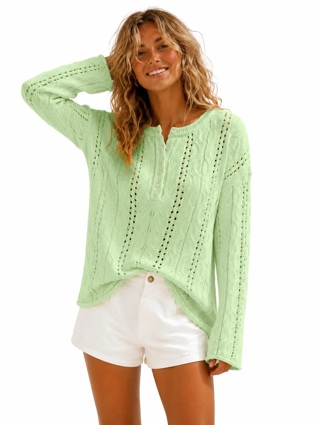 utcoco Women's Chic Henley Sweater, Lightweight Long Sleeve Pointelle Knitwear, Oversized Relaxed Fit for Everyday Style
