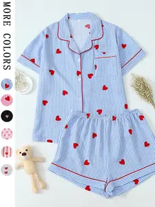 Valentine's Day Spring Summer Romantic Blue Striped Heart Elegant Short Sleeve Shorts Pajama Set for Women, Loungewear, Cute Fitted Homewear