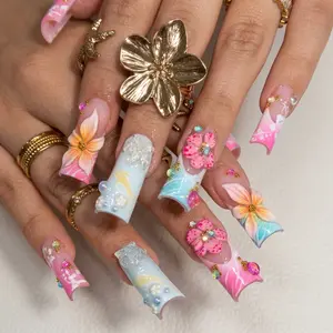 (MTO) BubbleNailArt Tropical Hawaiian Blossom 3D Hand-Sculpted Flower Starfish Beach Nails Handcrafted Wearable Nail Art Fashion Hand Accessories