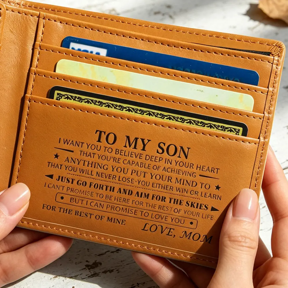 CIEPHIA Vintage Genuine Leather Engraved Wallets for Men RFID Blocking Protection Bifold Wallet for Son From Mom and Dad, 8 Card Slots, Cash Pockets, 2 ID Windows Suitable for Daily Use, Perfect Gift for Birthday, Christmas, Graduation