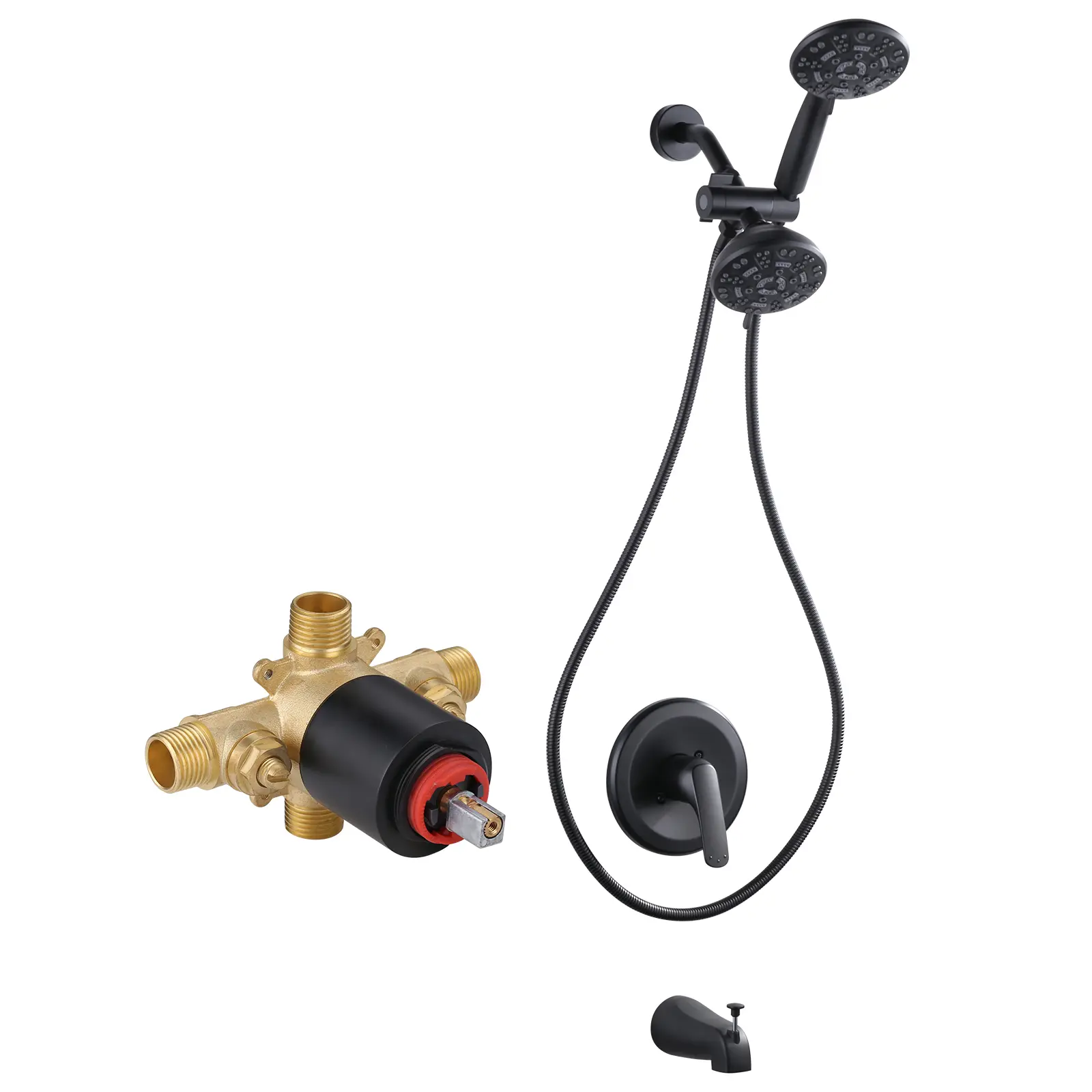 WOWOW Single Handle Wall-Mounted Stainless Steel Shower Faucet with 7-Spray Modes Adjustable Handheld Shower Head, 1.8 GPM Flow Rate, Corrosion-Resistant Black Temp-Adjusting Bathroom Fixture, Adjustable Shower Head