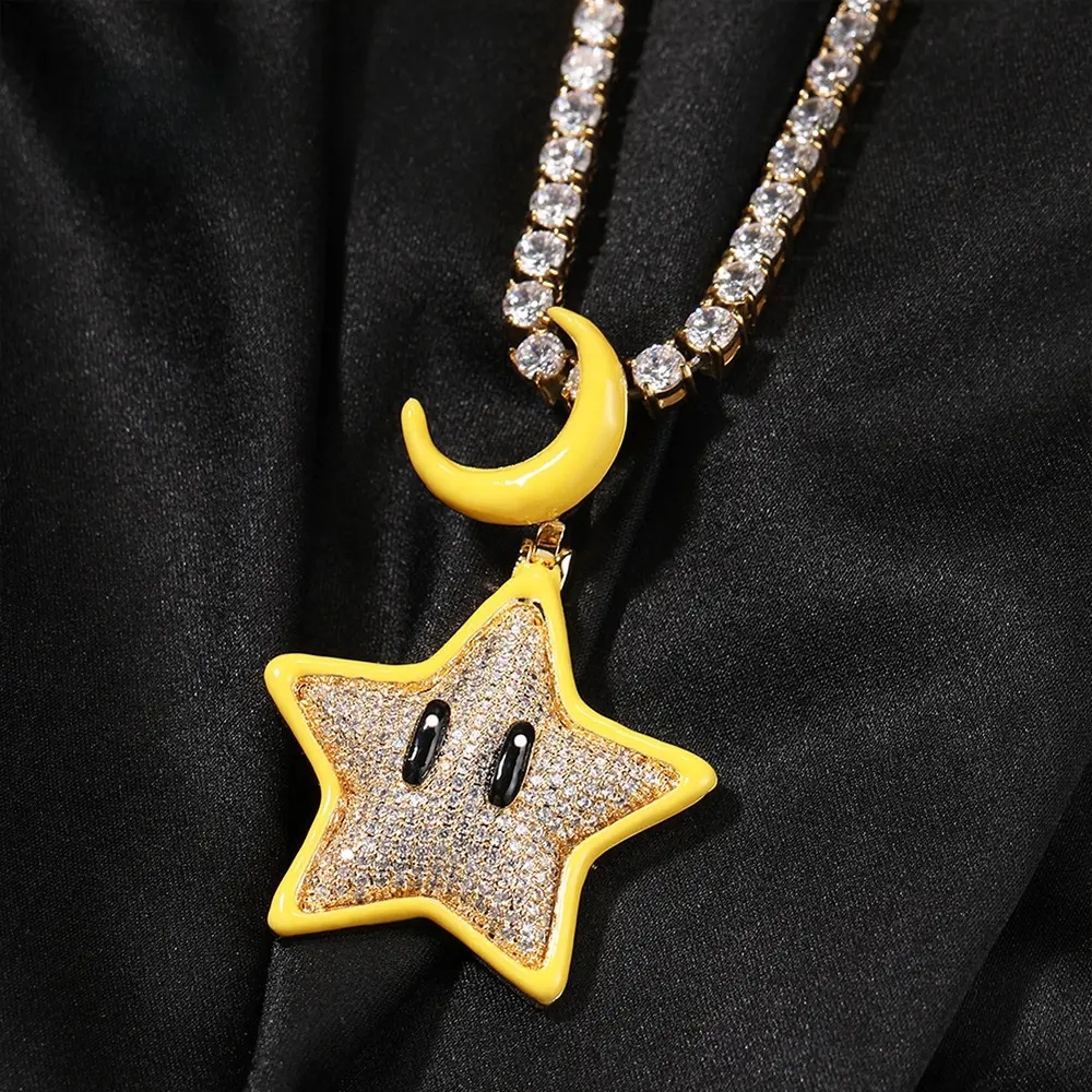 Cartoon Glow-in-the-Dark Dopamine Star Hip-Hop Necklace - Diamond-Encrusted Copper Tennis Chain Pendant, Cartoon Pin Dangle Character Graphic Hip-Hop Inspired Dopamine Necklace, Versatile Daily Wear Costume Jewelry Gift for Adults, Cartoon Pin Necklaces,