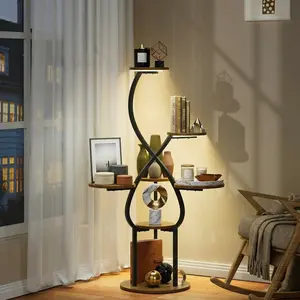 BACEKOLL 3D-Shaped Lighted Decorative Display Shelf, 48" Tall LED Storage Bookshelf with LED Lights, Metal Corner Organizer Rack for Plants, Books, Figurines, Photo Frames & Home Decor, Brown