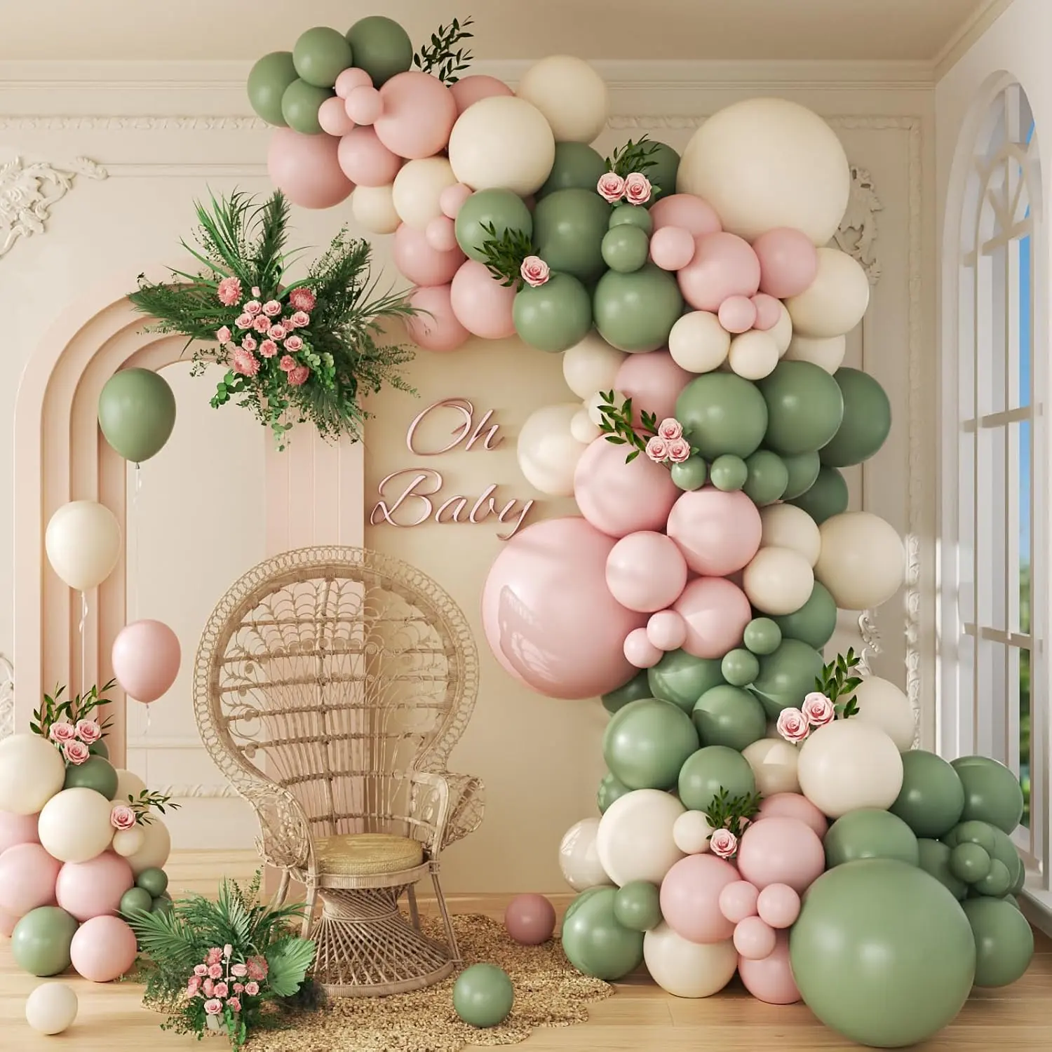 141-Piece Pink & Green Balloon Arch Kit Sage Green, Pastel Pink & White for Baby Shower & Parties