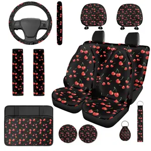Cherry Car Seat Covers, 13pcs Car Accessories Full Set with Seat Covers, Polyester Steering Wheel Grip, Armrest & Shoulder Pads  - Soft Cushioned Non-Slip Grips, Durable Easy-clean Auto Protector