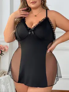 【Plus Size】 Contrast Mesh Lettuce Trim Cami Nightdress, Casual Soft Comfortable Frill Trim Sheer Nightgown for Women, Women's Sleepwear for All Seasons Nightgown Gifts