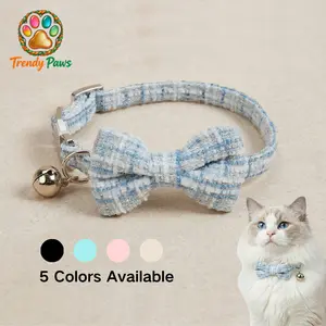 Elegant Tweed Cat Collar with Bowtie & Bell, Safety Breakaway Buckle Pet Collar, Small Dog & Kitten Bowtie Necklace for Party & Wedding, Luxury Vintage Cat Accessory