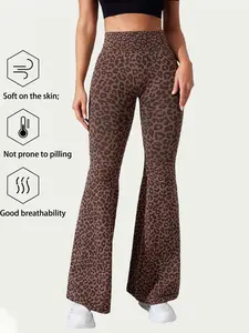 Women's High Stretch Leopard Print Yoga Pants, Slimming Shaping Sporty Riding Bottoms, Casual Daily Wear Flared Leggings