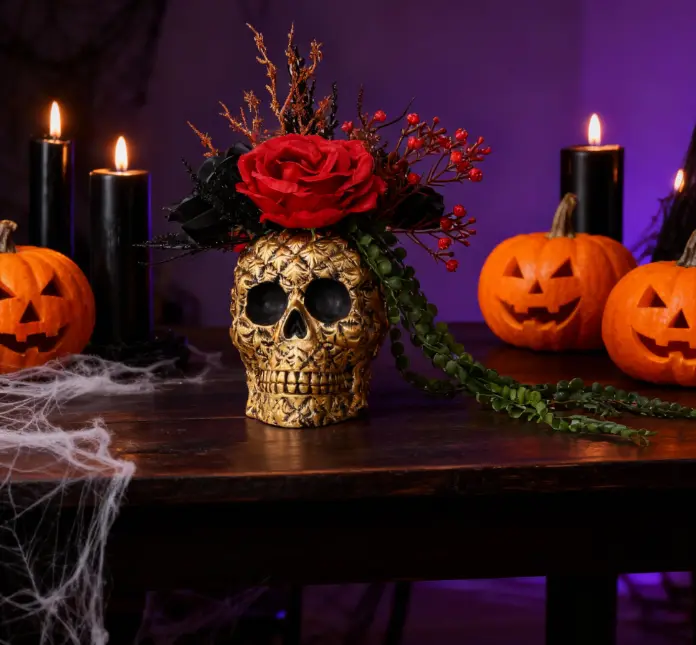 Halloween Floral Arrangement with Rose String of Peas in 6.25" Ceramic Skull 6.25X4.75X5.75 Spooky Decorative Ornaments Faux Flower Fruit Plants