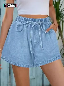 Elegant Summer High Waist Loose Fit A-Line Denim Shorts, Women's Comfortable Elastic Waist Slimming Jeans, Fashionable Casual Wear