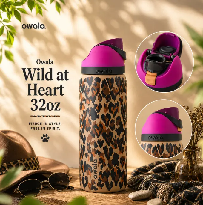 Owala FreeSip 32oz Wild At Heart Water Bottle Leak Proof Insulated Built In Straw Stylish Hydration Gift for Her