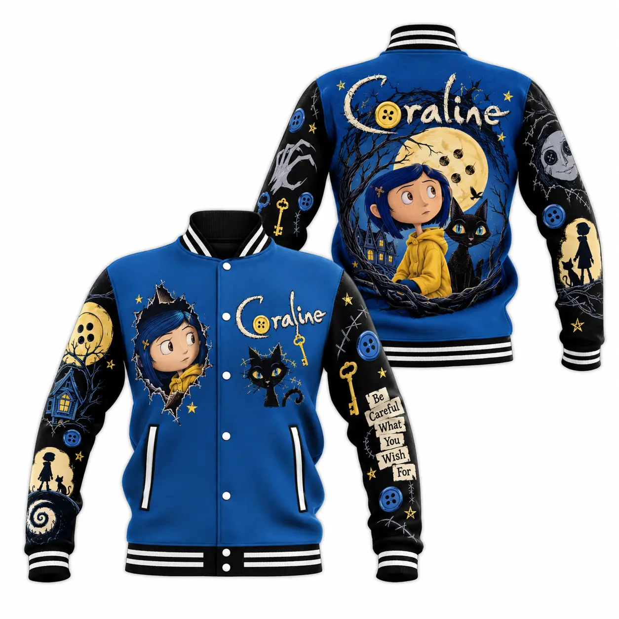 Coraline Baseball Jacket LN, Gothic Fantasy Button Eye Graphic Polyester Outerwear, Spooky Movie Inspired Streetwear
