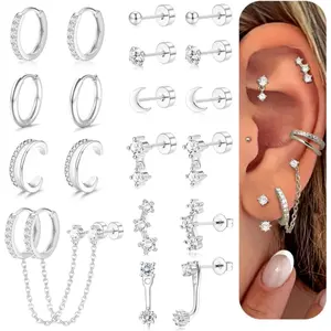 Milacolato Women's Small Gold Hoop Stud Sets, 14 Karat Plated Gold Huggie Hoops, Surgical Steel Flat-Back Stackable Cartilage Earrings for Multiple Piercings