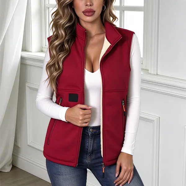 Women’s full-zip sherpa-lined stand collar vest, warm sleeveless softshell vest, windproof outerwear with zippered pockets, multiple colors for everyday outdoor use