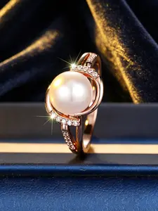 Women's Rose Gold Tone Imitation Pearl Ring, Crescent Halo Crystal Design, Luxury Style, Hypoallergenic & Fade Resistant, for Daily, Work & Dating Wear
