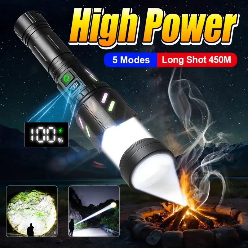 High Power Rechargeable LED Long Range Flashlight - 5 Modes, Type-C Fast Charging for 18650/26650 Lithium Ion Batteries (2600mAh), Included 18650 Battery, Camping Hiking Light