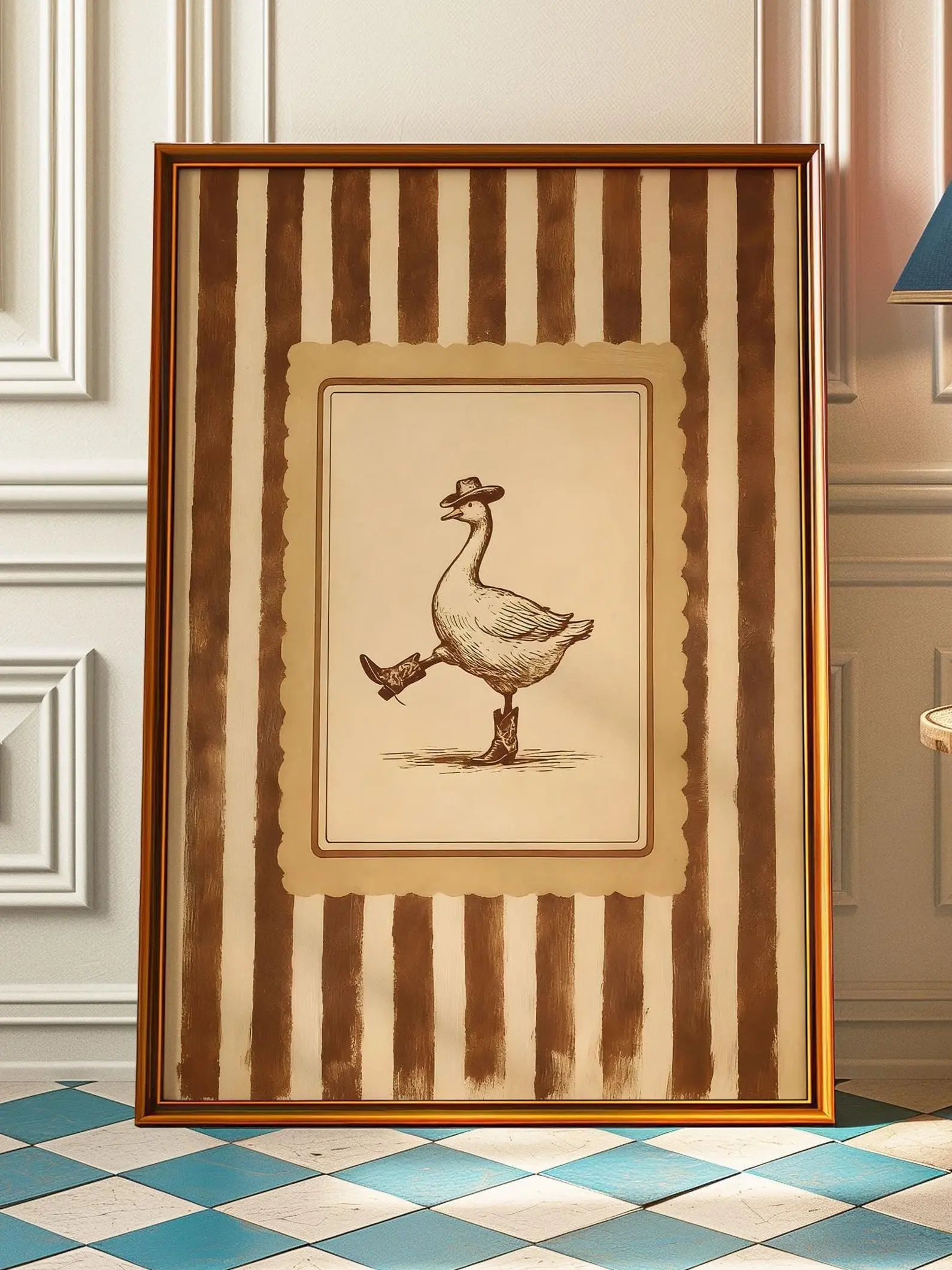 Silly Cowboy Goose Wall Art Print – Funny Western Dancing Duck Poster, Silly Goose Nursery Decor, Rustic Vintage Cowboy Artwork