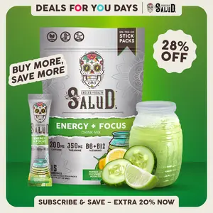 Salud 2-in-1 [Energy + Focus] Clean Energy Drink Mix, Agua Fresca,  Organic Caffeine, B6 & B12, L-Theanine, Drink Packets, Non-GMO, Gluten Free, Vegan, Low Calorie, 1g Sugar (15 Servings), Deals For You Days