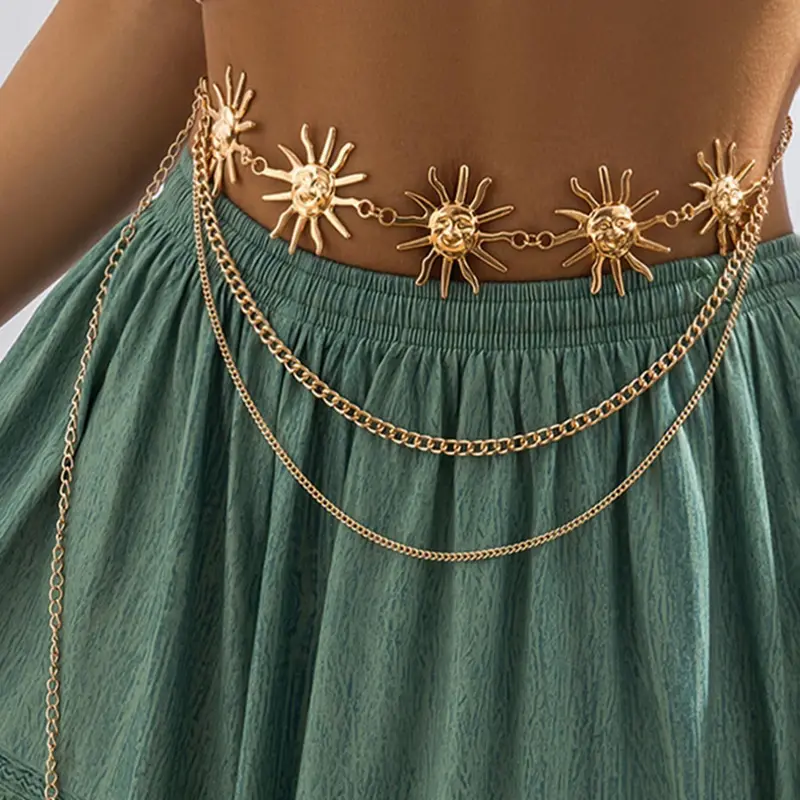 Women's Metal Sun Charm Layered Waist Chain Belt, Adjustable Non-Tarnish Statement Body Jewelry, Body Jewellery for Party and Daily Wear, Accessories