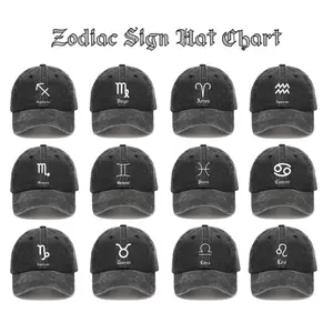 All 12 Zodiac Vintage Washed Hat Unisex Astrology Cap Aries Design 100% Cotton Denim Fabric Breathable Comfortable Fit 21.6-23.6" Circumference Tag-Free Itch-Free Daily Wear