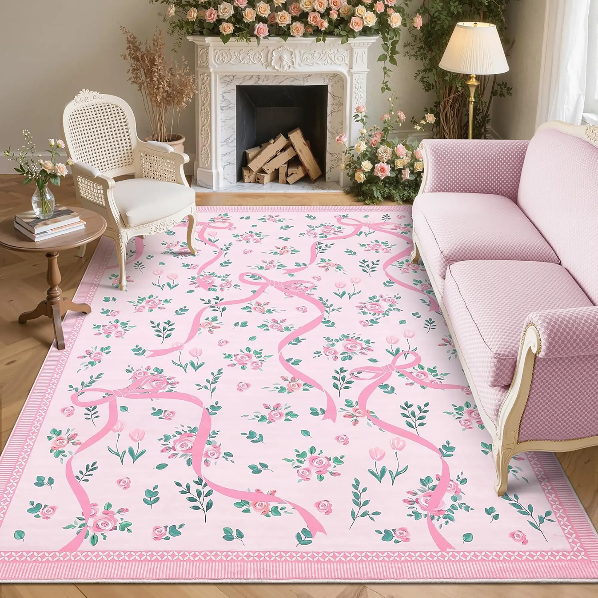 French Romantic Bow Floral Ribbon Decorative Carpet, Home Decor Rug, Floral Pattern Rug, Foldable Washable Non-Slip Large Area Rug for Living Room Bedroom Sofa Dining Room, Floral Area Rugs