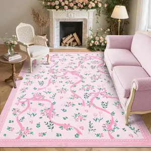 French Romantic Bow Floral Ribbon Decorative Carpet, Foldable Washable Non-Slip Large Area Rug for Living Room Bedroom Sofa Dining Room